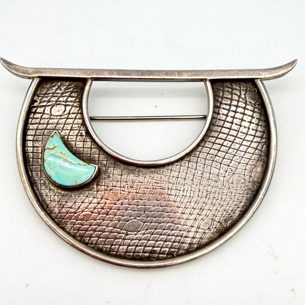 Vintage Artisan Sterling Silver Textured Shield Brooch Turquoise Crescent